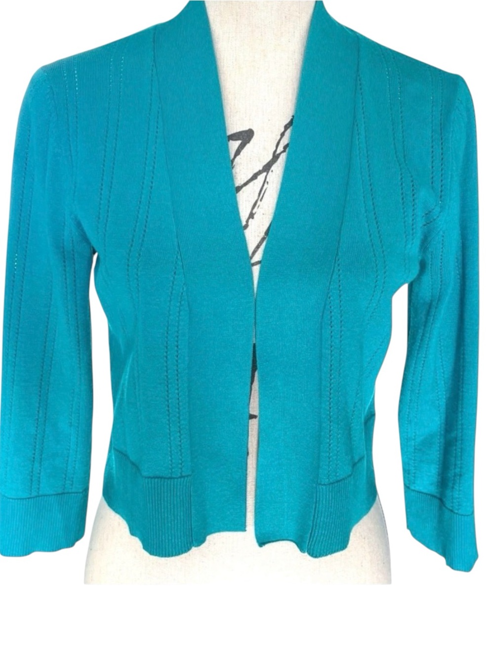 Cable & Gauge Teal Open-Front Lightweight Knit Crop Cardigan Sweater (S)